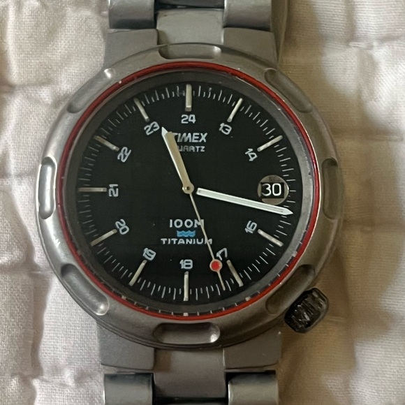 Timex Accessories - Vintage Timex Titanium Watch with Black Dial and Red Accent